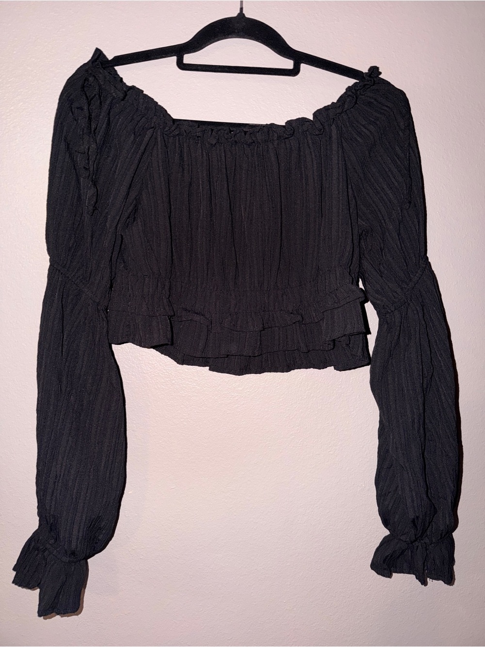 Altar'd State Black Off-Shoulder Ruffle Crop Top